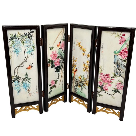 Vintage Chinese Folding Mini Screen With Hand-Painted Stone Panels Landscape Woo - Picture 1 of 9